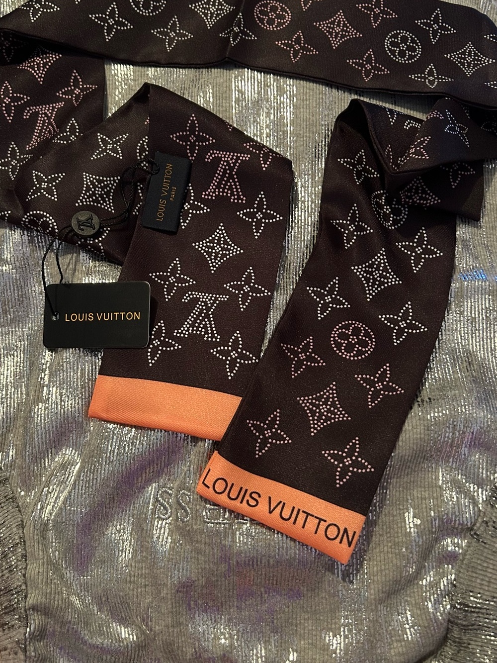 LV Women’s Brown & Orange Monogram 100% Silk Scarf